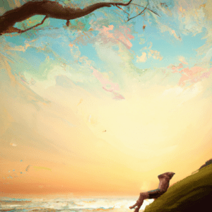 painting of a person laying by the water.
