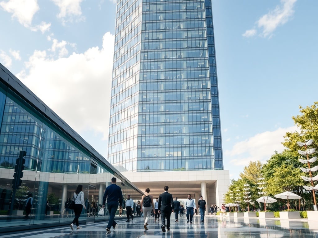 Skyscraper office building with people in professional clothes walking in.