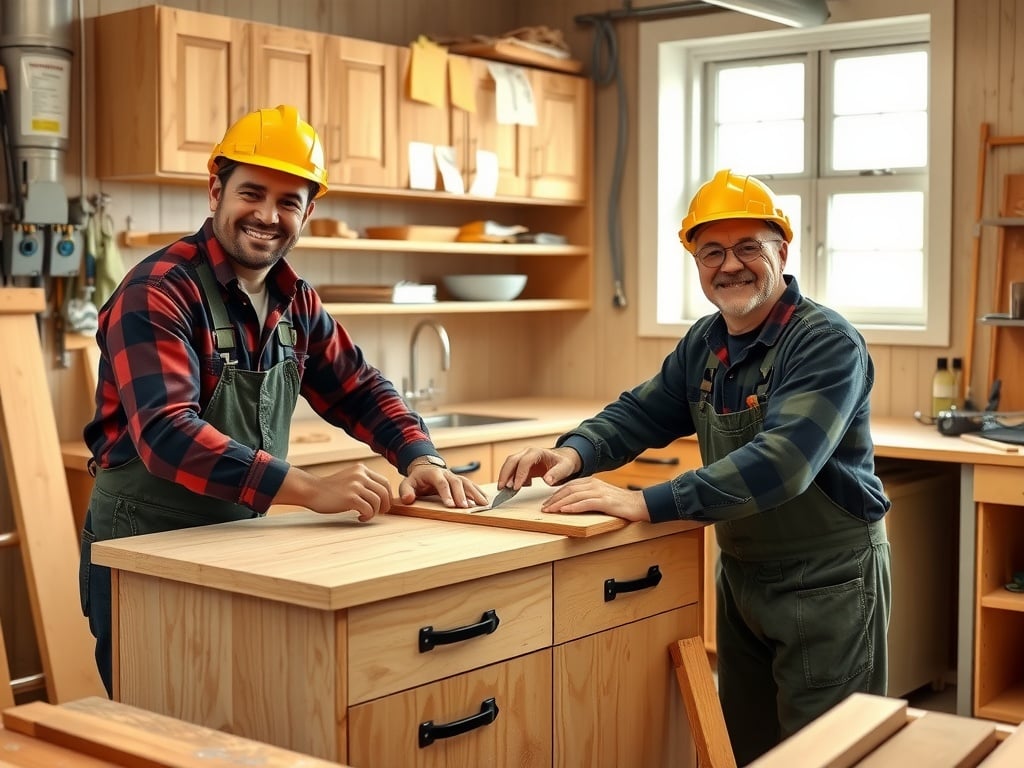 happy workers building cabinets