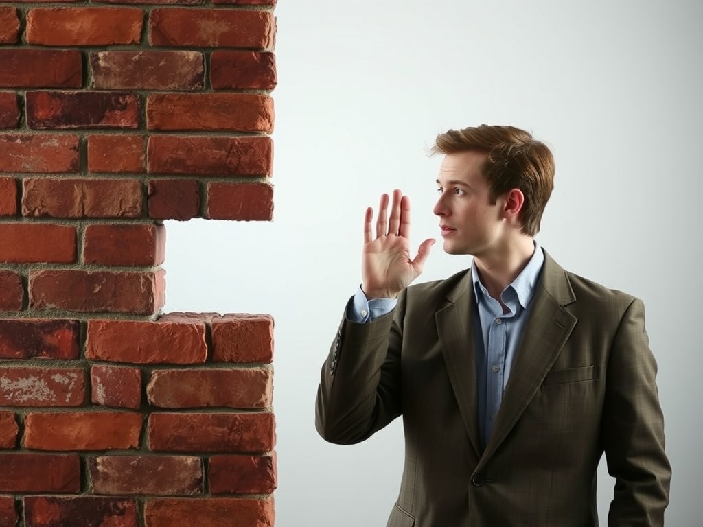 a person trying to listen to a conversation through a brick wall