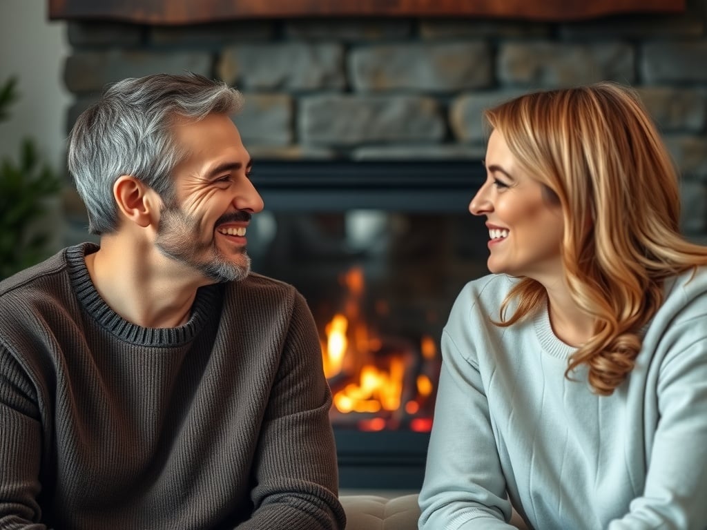 Two people in a relationship having a good conversation with a fireplace in the background.