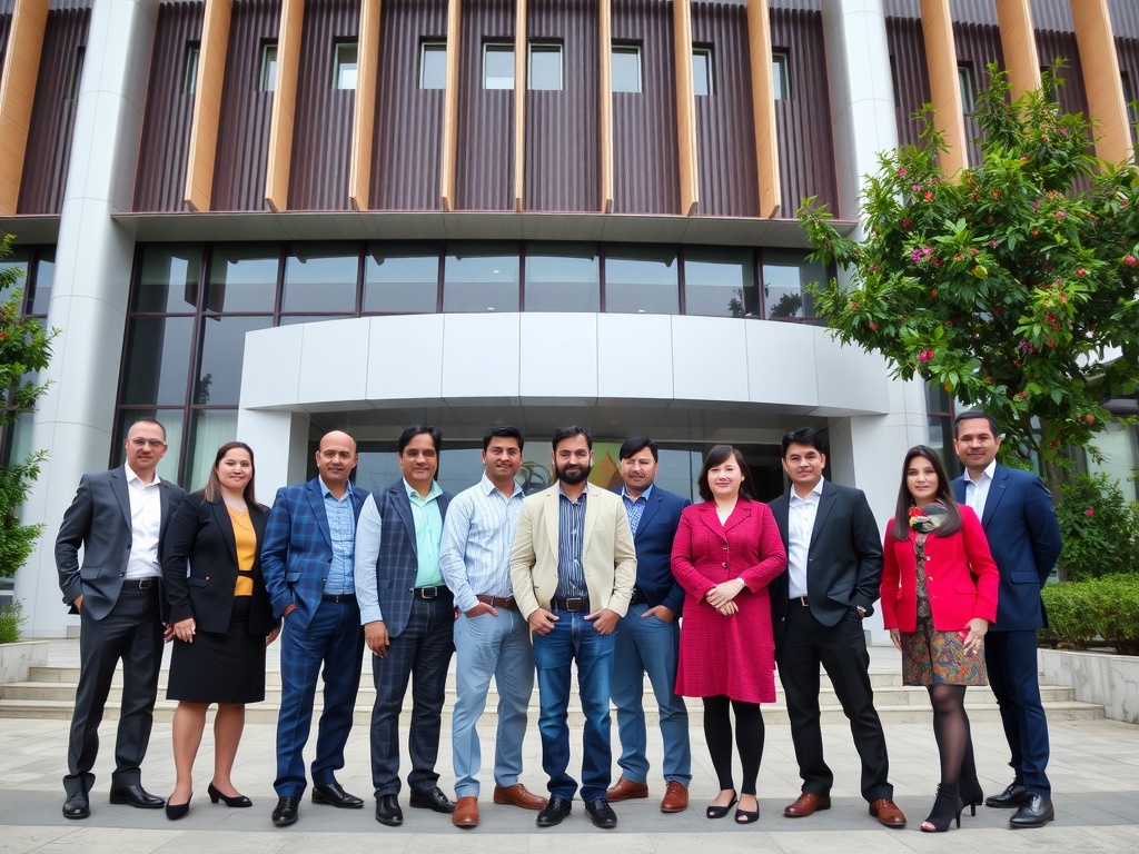 A group of leaders standing in front of a large office building.