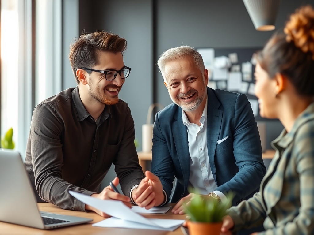 A modern leader mentoring his happy employees.