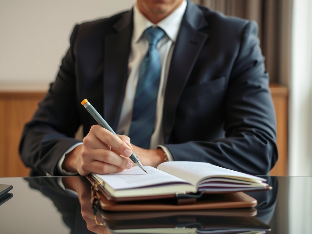 A business professional in a nice suit writing in a notebook at a desk.