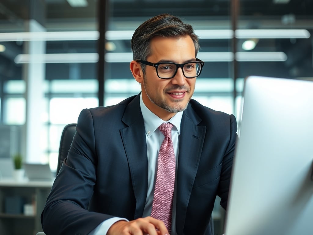 A business professional in a nice suit working on a computer using a workforce planning tool.