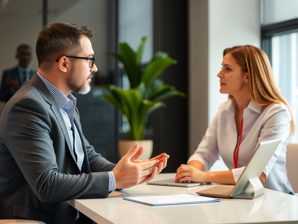 A boss meeting with HR about an unprofessional employee.
