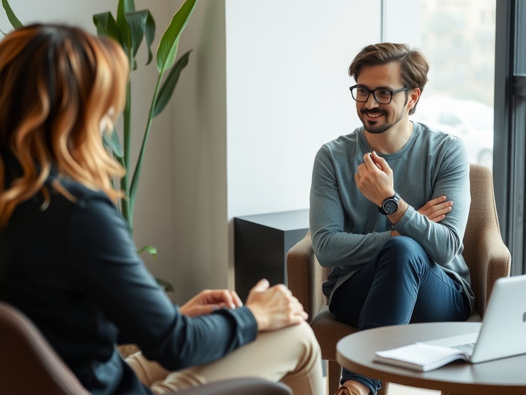 A person sitting with another person getting mentored.