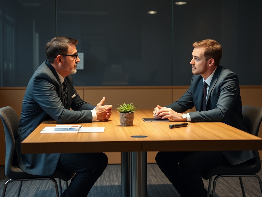 A boss sitting at a table with an employee having a mentoring session.