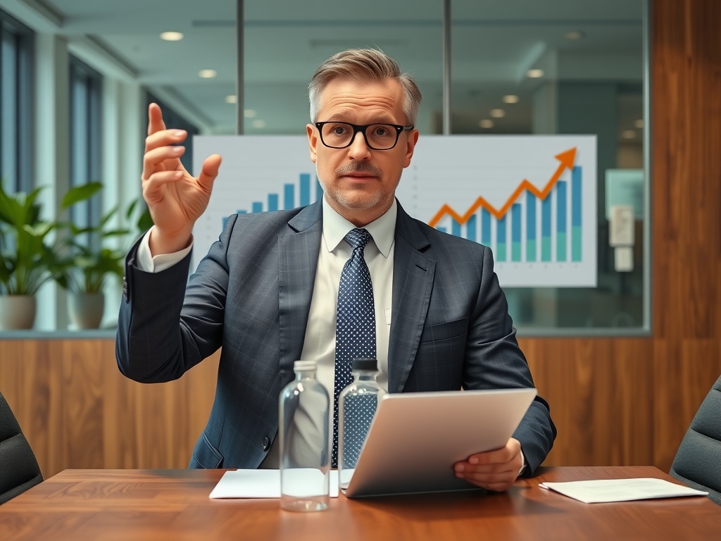 a business man breifing in a conference room with a chart with a money sign and an arrow going up