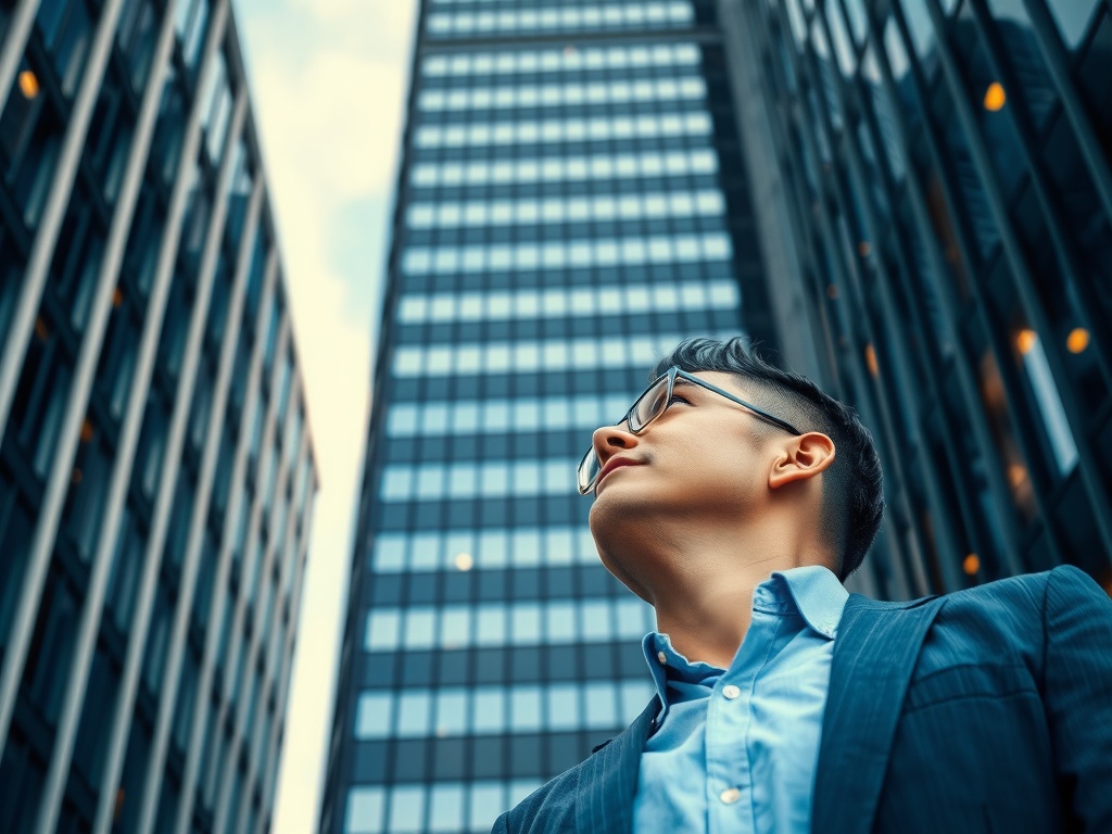 A dynamic leader looking up at a tall office building.