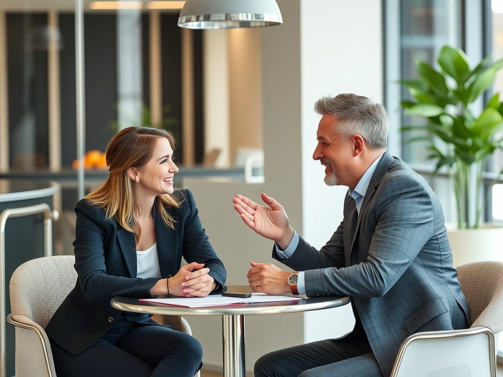 Boss and subordinate having a positive feedback session.