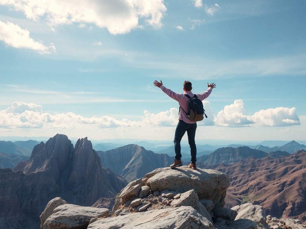 A person reaching out on top of a mountain.