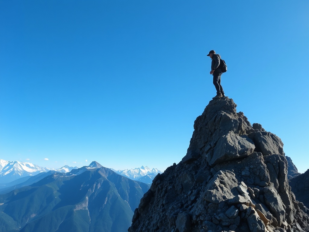A person reaching the top of a mountain representing a person overcoming adversity