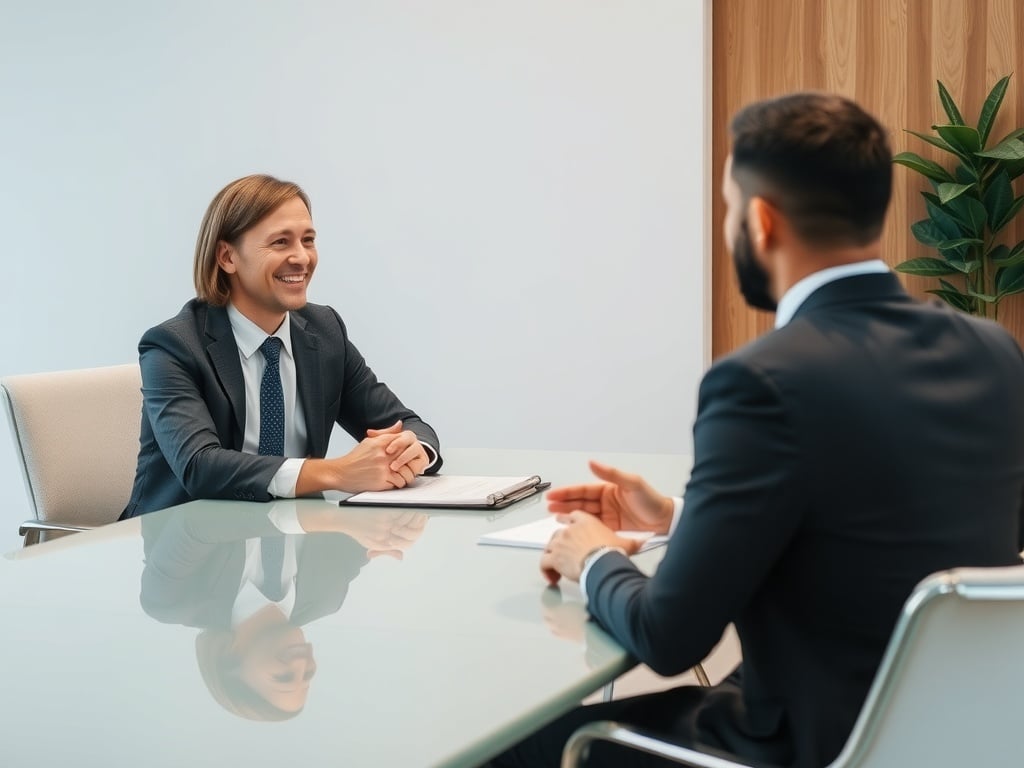 A business leader sitting across the table from an employee.