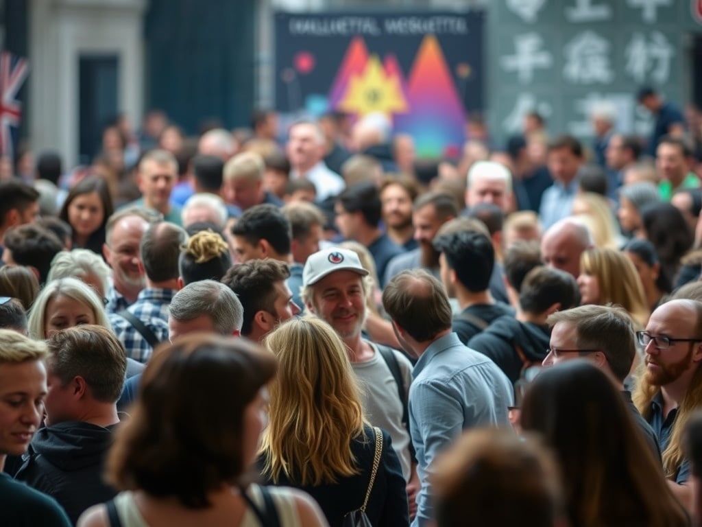 A crowd of people talking.