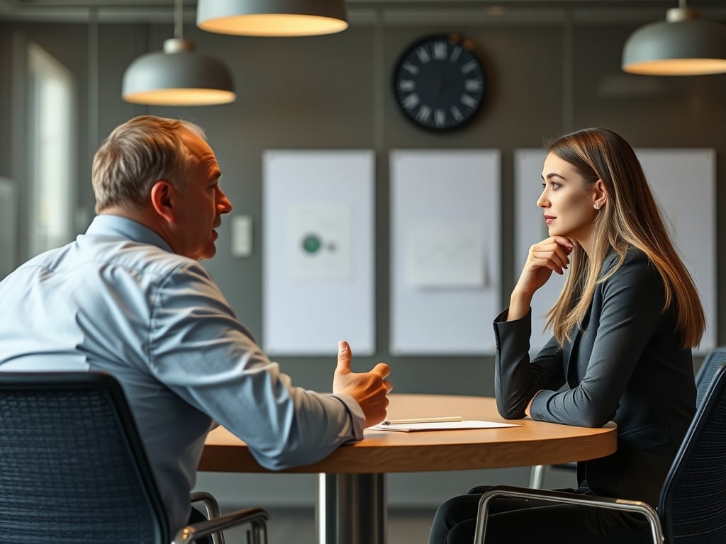 A business leader sitting across the table from an employee listening actively.