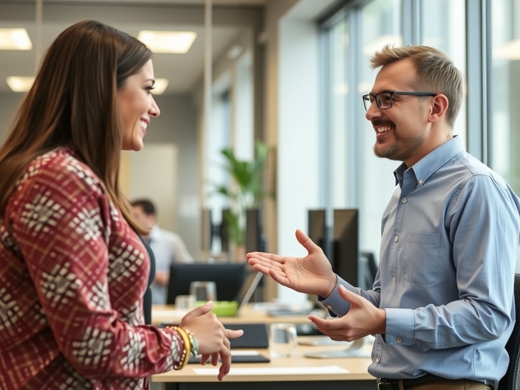 A person in an office networking with another employee.