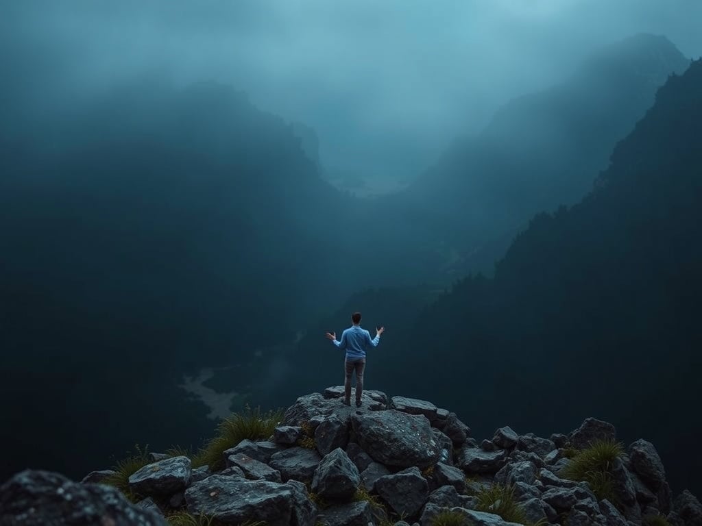 A person standing on a hill holding their hands up looking at clouds.